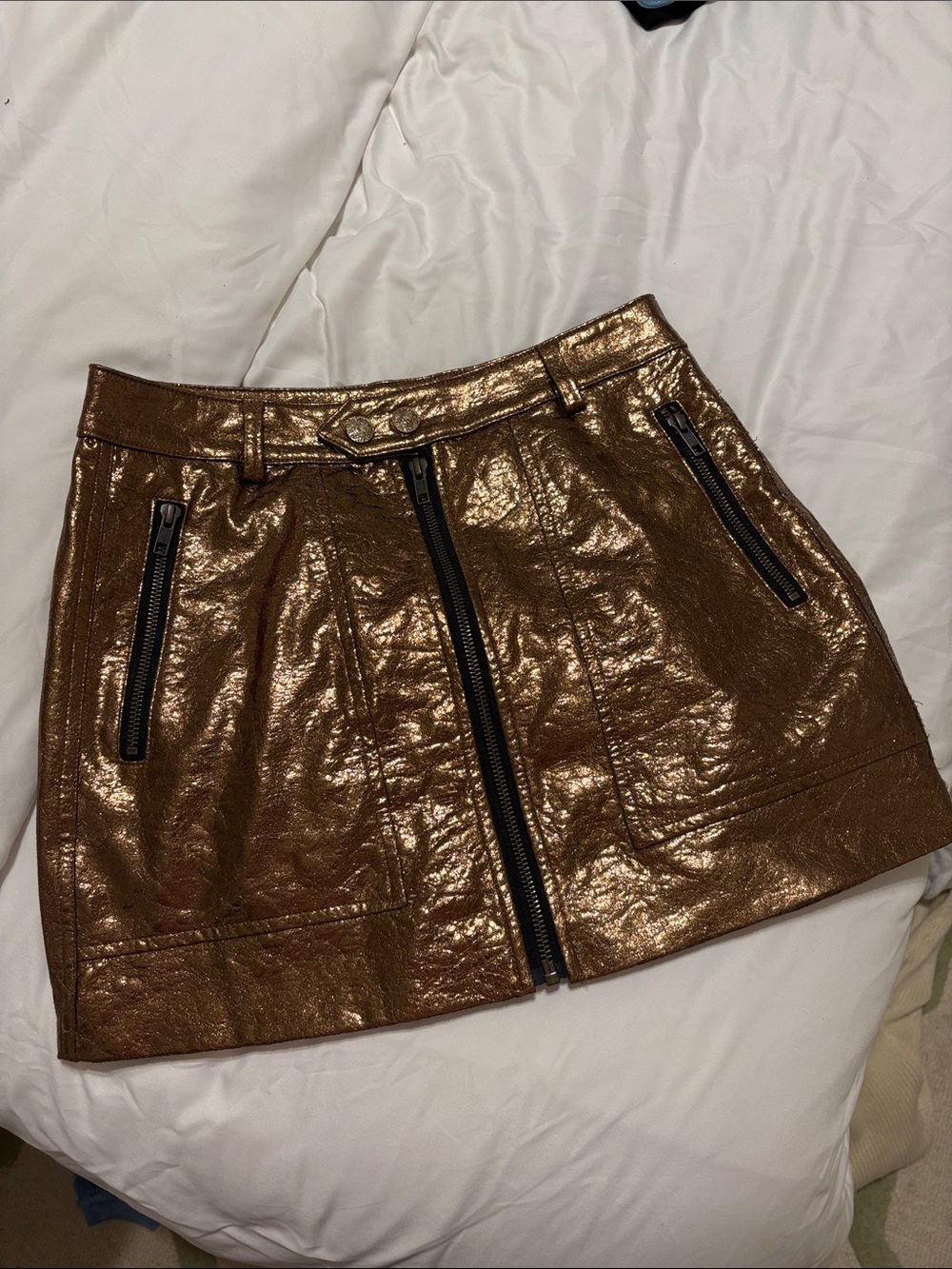 MOTHER Metallic Bronze Mini Skirt with Black Zip Details